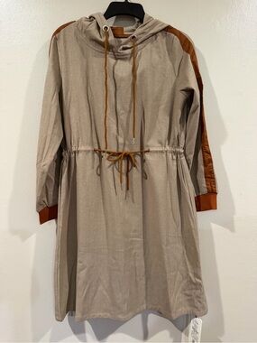New with Tags Beige Drawstring Hooded Tunic with Rust Accent